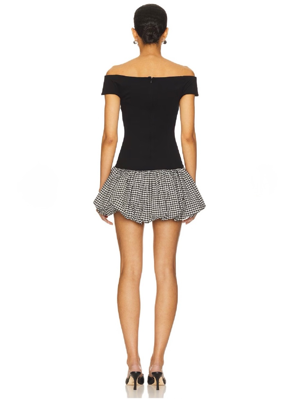 Lovers + Friends Carolina Mini Dress XL Black Gingham Bubble Hem Off Shoulder - Picture 2 of 6